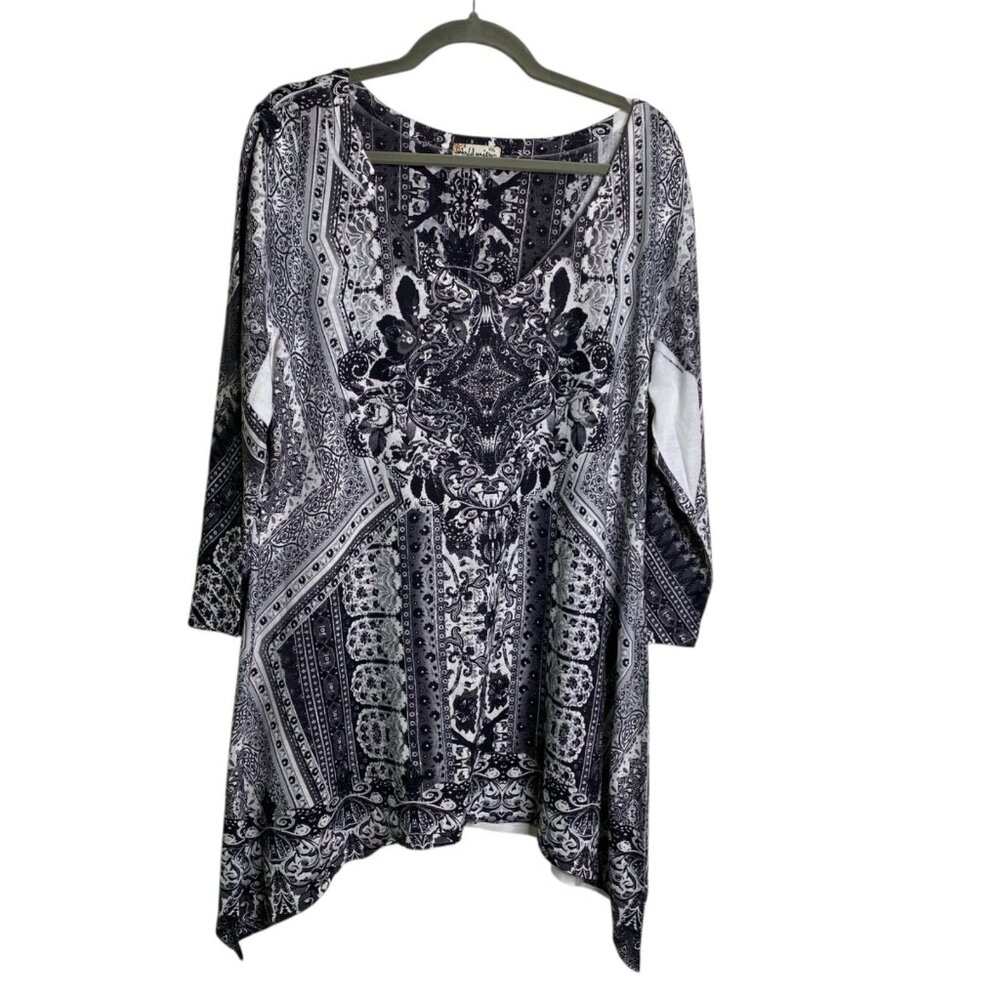 World Unity Top Women's Tunic 3/4 Sleeves Asymmetrical Embellished Black Sz XXL